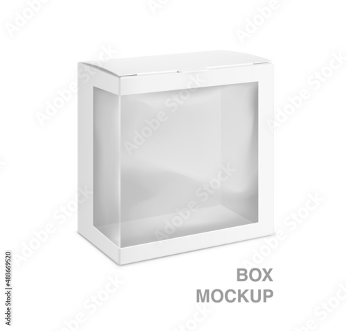 Universal mockup of blank cardboard box with transparent window. Vector illustration isolated on white background, ready and simple to use for your design. EPS 10