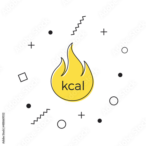 Kcal icon vector. Yellow kilocalorie fire icon with geometric shapes on white background. Calories splash effect business concept. Vector