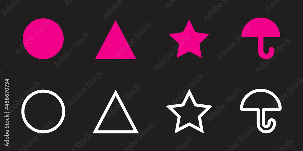 Squid Game pattern. Pink and white circle, triangle, star and umbrella shapes on black background. Vector Squid Game pattern. Pink and white circle, triangle, star and umbrella shapes on black background. Vector