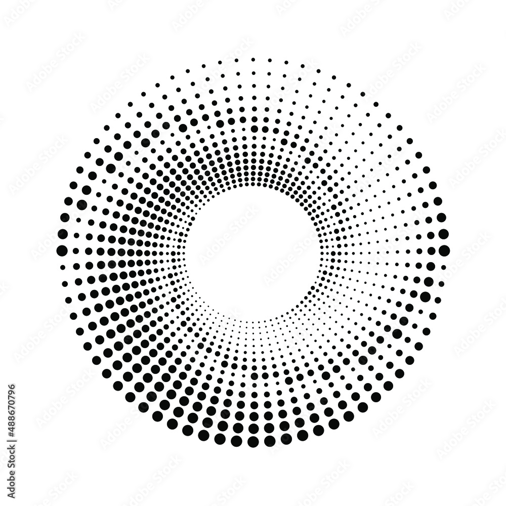 Halftone dotted shape in circle form. Dotted design element for border frame, round logo, tattoo, sign, symbol, web pages, prints, emblems, badges, template, pattern and abstract background