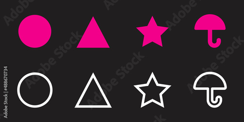 Squid Game pattern. Pink and white circle, triangle, star and umbrella shapes on black background. Vector