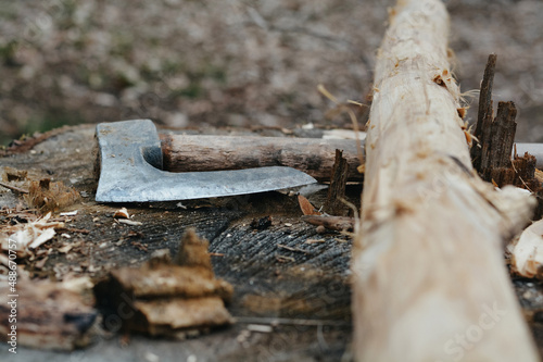 Close up shoot of wood cut down for firewood with axe