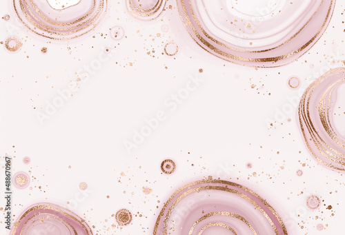 Elegant agate slice border background design with rose gold texture and splatter.