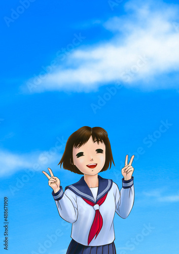 High school girl who showing V sign under the summer sky