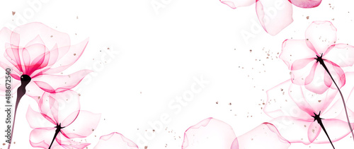 Abstract art background with pink flowers. Botanical banner with watercolor paints with transparency effect for design, decoration, poster, invitations