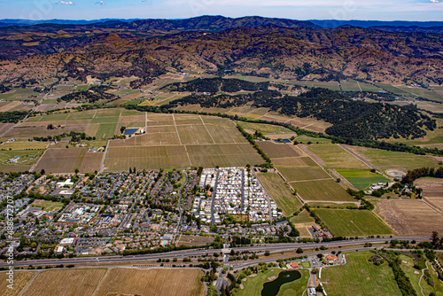 A Highway Cuts through the Residential Neighborhoods and Vineyards of Sonoma, California, USA