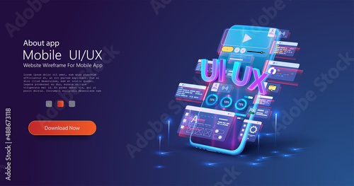 Designer, creator of an individual design of user interface scenes for a mobile UI,UX application. Blue neon design of mobile applications. Smartphone layout with active blocks and connections. Vector