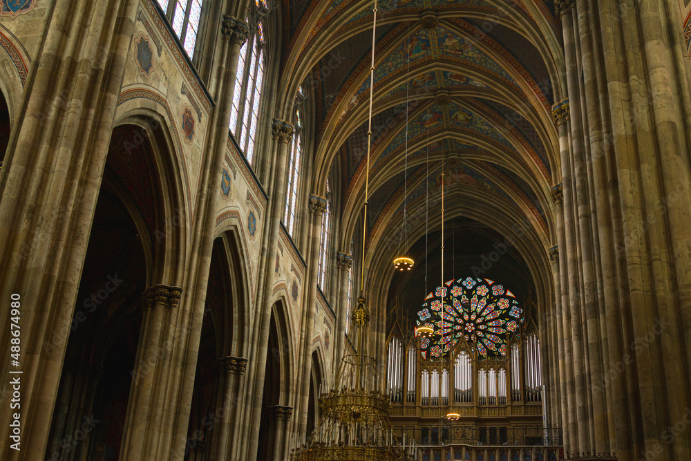 Interior Votive Church, Votivkirche, neo-Gothic style. Amazing huge pipe organ. 