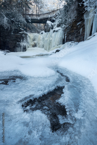 Delicate ice formations at a frozen Elakala Falls in Blackwater Falls State Park in West Virginia.