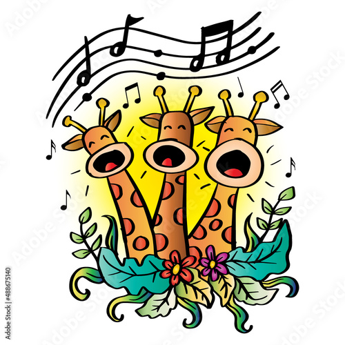 Cartoon cute three giraffe  singing