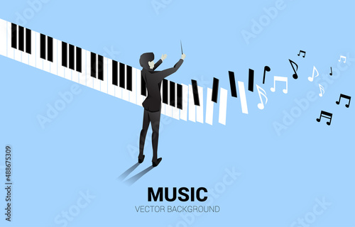 Vector silhouette of conductor standing with piano key with flying music note . Concept background for piano concert and recreation.