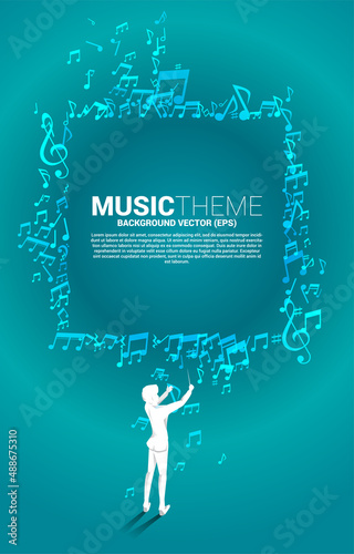 Vector silhouette of conductor standing with flying music note . Concept background for orchestra concert and recreation.