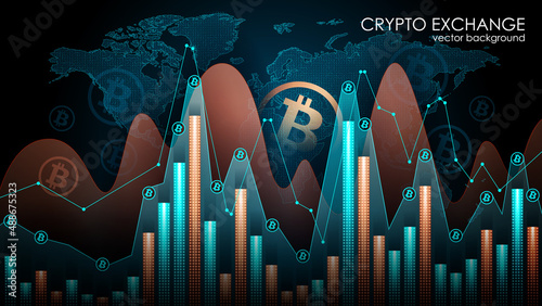 Vector. Bitcoin symbol on dark background. Abstract image. Exchange trading charts. Digital electronic currency. 3D effect. Cryptocurrency. Online banking. The contours of the planet Earth.