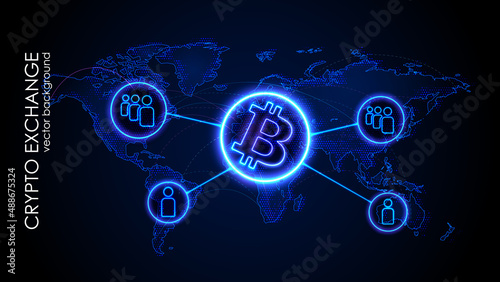 Blue neon vector background. Bitcoin and blockchain. Electronic cryptocurrency and modern technology. Online banking, and financial communications. World wide web.