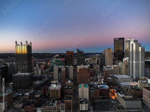 City of Pittsburgh skyline aerial sunset