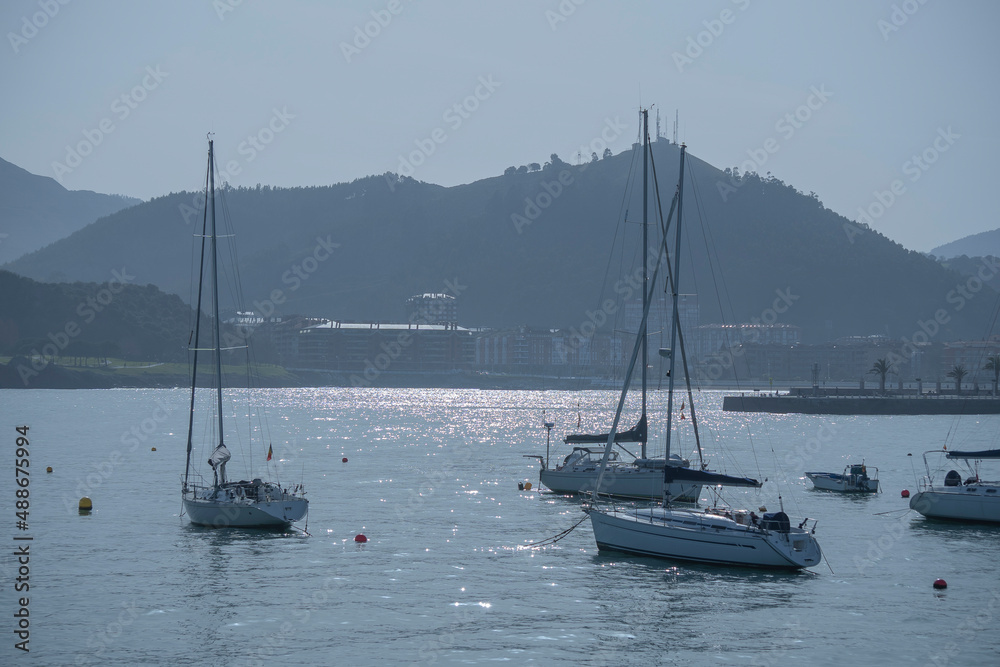 sailboats anchored in a marina, with mountains in the background