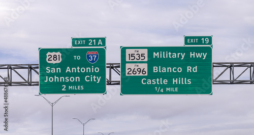 San Antonio Highway Signs. Texas Route 281 to Interstate 35, Military Highway and Blanco Road freeway exit signs in San Antonio. Green road side indications.