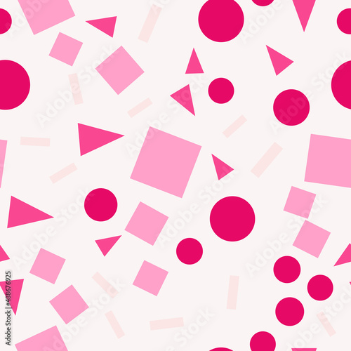 Seamless pattern with geometric shapes. Abstract geometric pattern with pink circles, triangles, squares and rectangle. Random, chaotic pastel background with cute confetti.