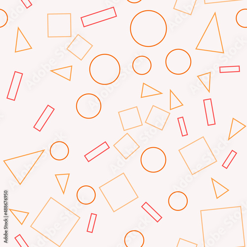 Seamless pattern with geometric shapes. Abstract geometric pattern with orange circles, triangles, squares and pink rectangle. Random, chaotic pastel background with cute confetti.