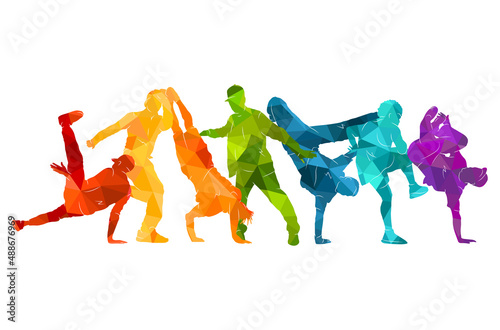 Detailed vector illustration silhouettes of expressive dance colorful group of people dancing. Jazz funk, hip-hop, house. Dancer man jumping on white background. Happy celebration brakedance b boy