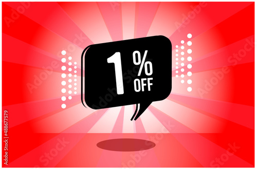 1% off. red banner with one percent discount on a black balloon for mega big sales.