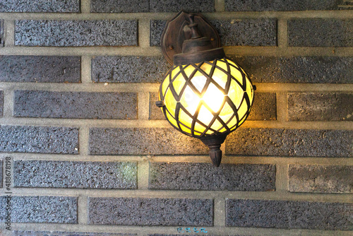 Trunnion wall lamp installed in dark gray brick photo