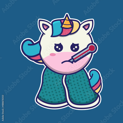 vector illustration of cute unicorn being sick, suitable for children's books, birthday cards, valentine's day