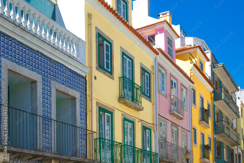 Typical Portuguese architecture and colorful buildings of Lisbon historic city center.