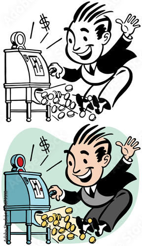 A vintage retro cartoon of a man hitting the jackpot at a casino slot machine. 