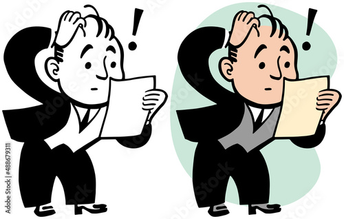 A vintage retro cartoon of a man worried about a bill or a notice in his hand. 
