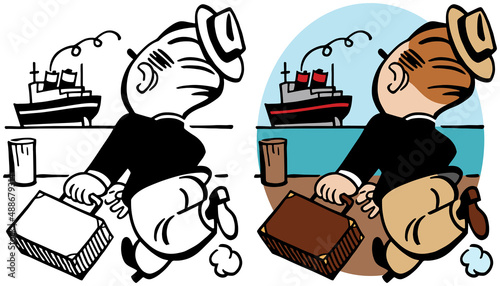 A vintage retro cartoon of a man literally missing the boat as he arrives late.  photo