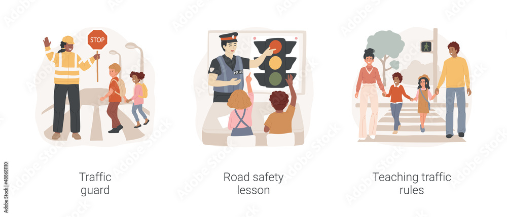 Naklejka Students road safety isolated cartoon vector illustration set. Traffic guard, road safety lesson, teaching traffic rules, school children crossing the street, traffic light and sign vector cartoon.