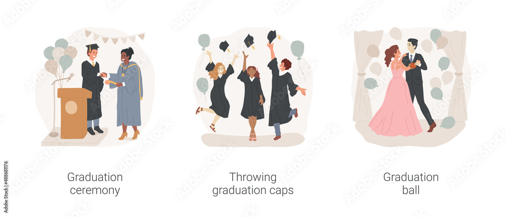 Naklejka School celebration isolated cartoon vector illustration set. Graduation ceremony, throwing caps, graduation ball, prom party, school certificate, student on stage, tradition vector cartoon.