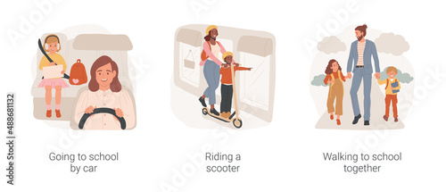 Family daily routine isolated cartoon vector illustration set. Going to school by car, riding a scooter, walking to school together, child on carseat, children with backpacks vector cartoon.