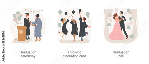 School celebration isolated cartoon vector illustration set. Graduation ceremony, throwing caps, graduation ball, prom party, school certificate, student on stage, tradition vector cartoon.