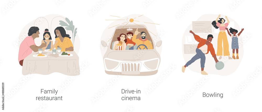 Family leisure time isolated cartoon vector illustration set. Family restaurant, drive-in cinema, bowling club, having fun, diverse people eating dinner, fortune cookies vector cartoon.