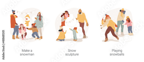Winter activity isolated cartoon vector illustration set. Make a snowman, snow sculpture, playing snowballs, time outdoors, ice igloo, diverse family christmas holiday vector cartoon.