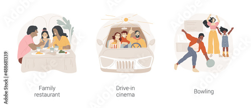 Family leisure time isolated cartoon vector illustration set. Family restaurant, drive-in cinema, bowling club, having fun, diverse people eating dinner, fortune cookies vector cartoon.