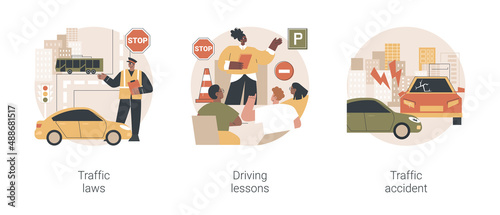 Driving license abstract concept vector illustration set. Traffic laws, driving lessons, traffic accident, road safety, violation fine, certified instructor, car crash investigation abstract metaphor.