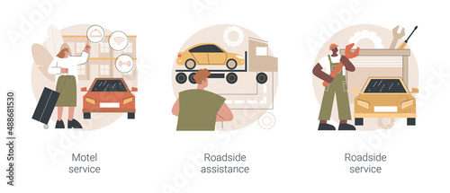 Roadside business abstract concept vector illustration set. Motel service, roadside service and assistance, drive inn, car repair, 24 hour help, truck breakdown, flat tire abstract metaphor.