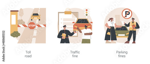 Driving rules violation abstract concept vector illustration set. Toll road, traffic and parking fine, tollway fee, speeding ticket, no parking zone, penalty notice, pass card abstract metaphor.
