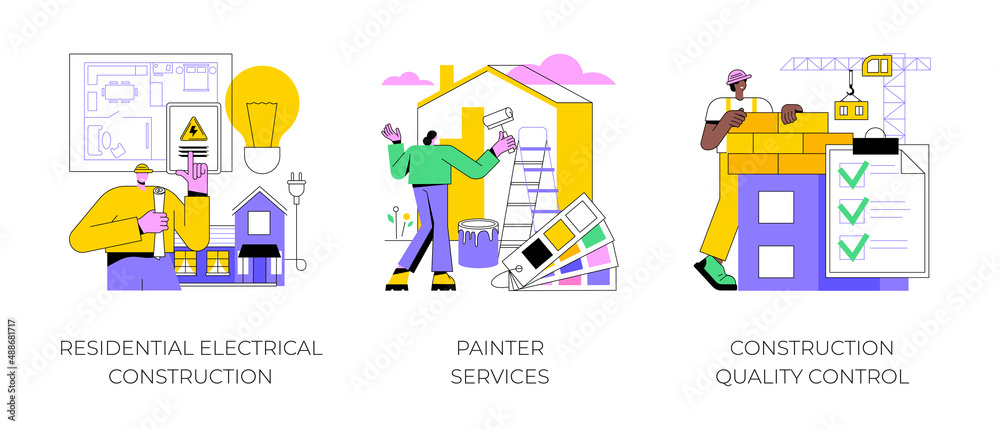 House renovation abstract concept vector illustration set. Residential electrical construction, painter services, quality control, interior and exterior, lighting and appliance abstract metaphor.