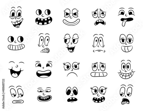 Collection of old retro traditional cartoon animation. Vintage faces of people with different emotions of the 20s 30s. Emoji character expressions 50s 60s. Head faces design elements in comic style