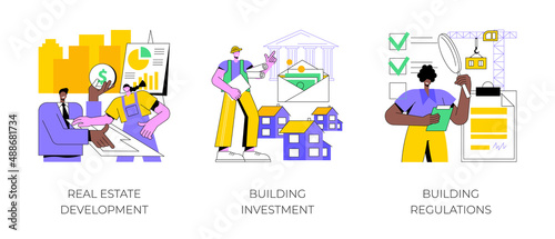 Construction project abstract concept vector illustration set. Real estate development, building investment and regulations, city architecture, bank loan, construction site abstract metaphor.