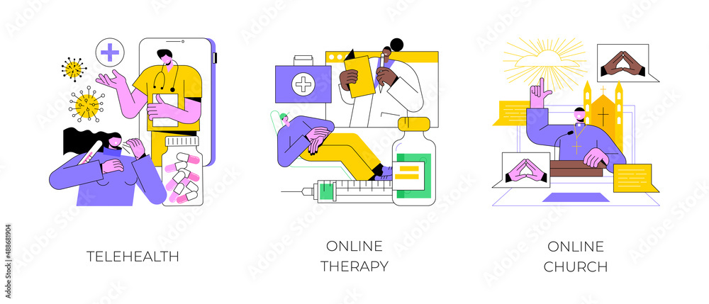 Fototapeta premium Digital counseling and mental help abstract concept vector illustration set. Telehealth, online therapy and church, social distancing, worship services, social distancing admission abstract metaphor.