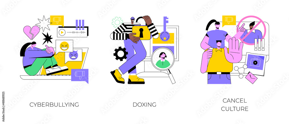 Internet harassment abstract concept vector illustration set. Cyberbullying and doxing, cancel culture, private content, celebrity shaming, hacker attack, social media boycott abstract metaphor.