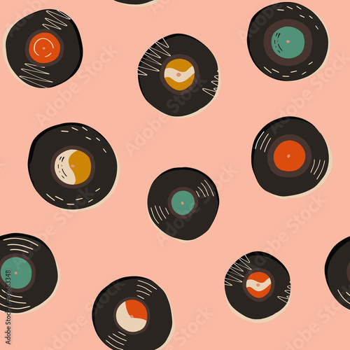 Vinyl records hand-drawn retro seamless pattern. Music endless repeat for coverage, wrapping paper, textile print etc.
