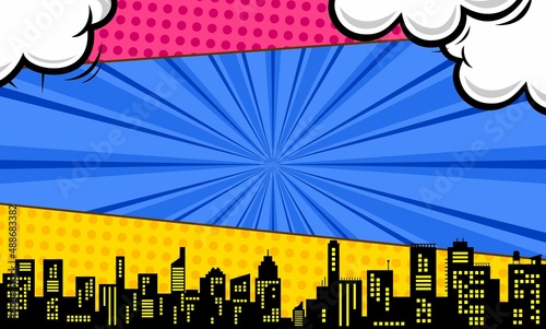 Colorful comic scene background with city silhouette
