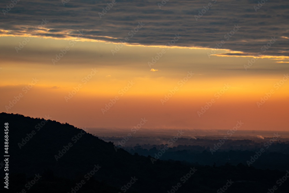nature landscape scene, sunset over the mountain foe using in outdoor travel concept, sky sunrise summer scenic