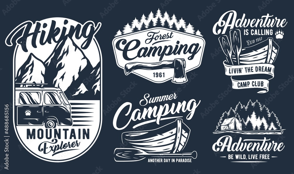 Fototapeta premium Camping outdoor adventure emblems set, summer forest camp fire, wild life explore